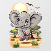 Elephant Baby Jumping Happy in African Savannah Fensteraufkleber (Blatt)