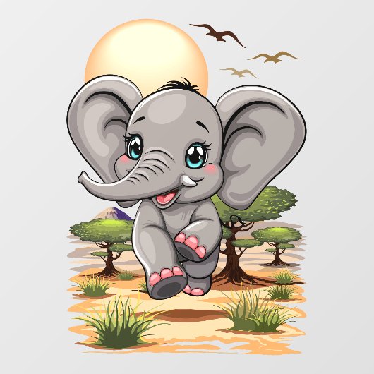 Elephant Baby Jumping Happy in African Savannah Fensteraufkleber (Blatt)