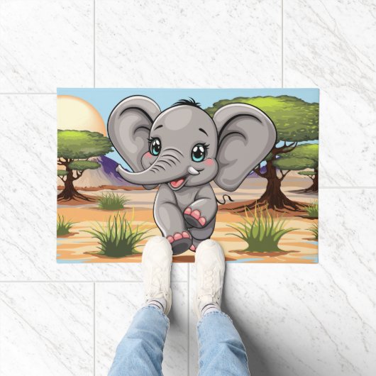 Elephant Baby Jumping Happy in African Savannah Fußmatte (Indoor)