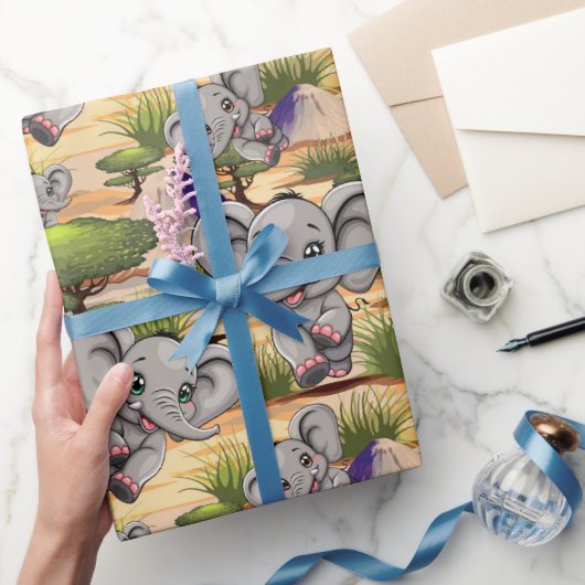 Elephant Baby Jumping Happy in African Savannah Geschenkpapier (Schenken)