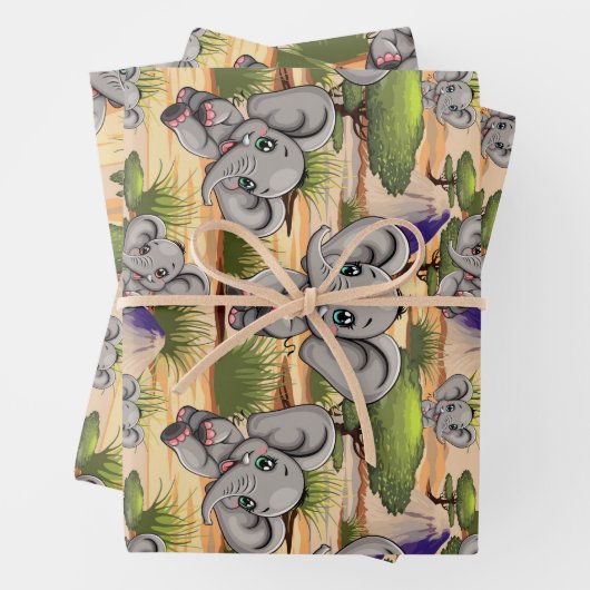 Elephant Baby Jumping Happy in African Savannah Geschenkpapier Set (Beispiel)