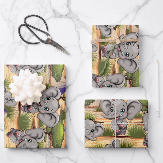 Elephant Baby Jumping Happy in African Savannah Geschenkpapier Set (Vorderseite)