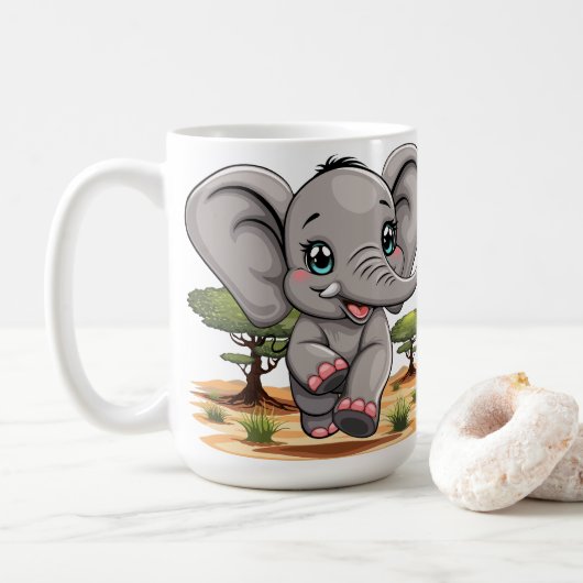 Elephant Baby Jumping Happy in African Savannah Kaffeetasse (Mit Donut)