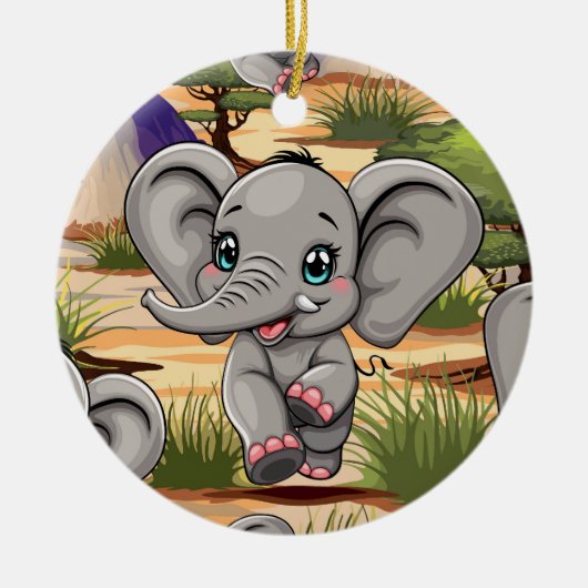 Elephant Baby Jumping Happy in African Savannah Keramik Ornament (Vorne)