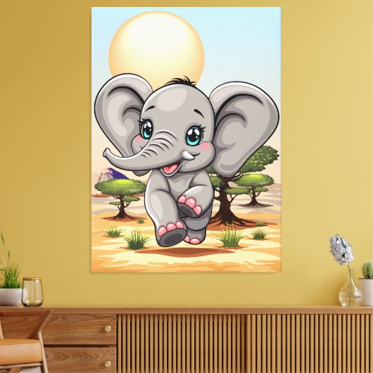 Elephant Baby Jumping Happy in African Savannah Leinwanddruck (Insitu (Wohnzimmer))