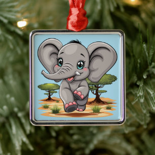 Elephant Baby Jumping Happy in African Savannah Ornament Aus Metall