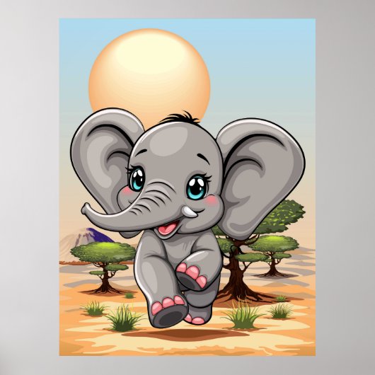 Elephant Baby Jumping Happy in African Savannah Poster (Vorne)