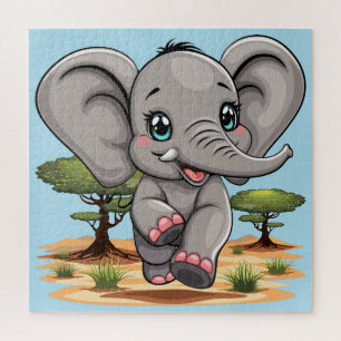 Elephant Baby Jumping Happy in African Savannah Puzzle