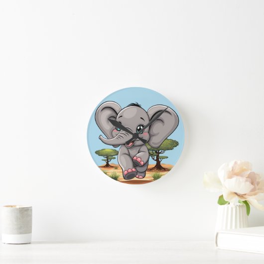 Elephant Baby Jumping Happy in African Savannah Runde Wanduhr (Zuhause)