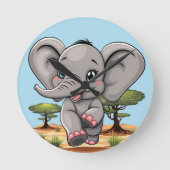 Elephant Baby Jumping Happy in African Savannah Runde Wanduhr (Vorderseite)