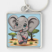 Elephant Baby Jumping Happy in African Savannah Schlüsselanhänger (Vorne)