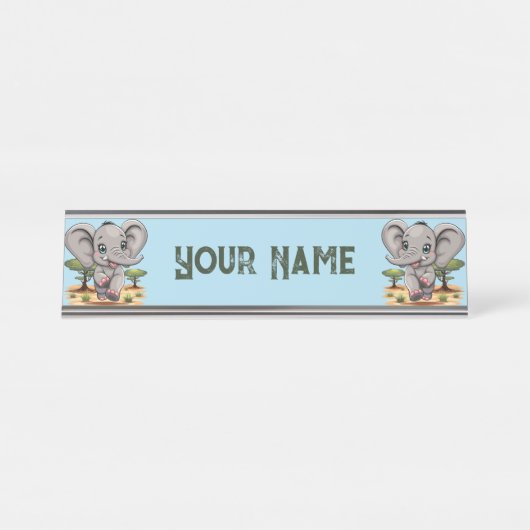 Elephant Baby Jumping Happy in African Savannah Schreibtischnamensplakette (Vorderseite )