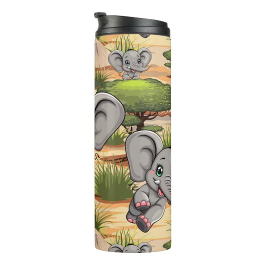 Elephant Baby Jumping Happy in African Savannah Thermosbecher (Nach rechts gedreht)