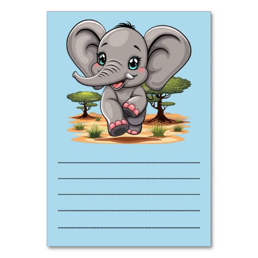 Elephant Baby Jumping Happy in African Savannah Tischnummer (Rückseite)