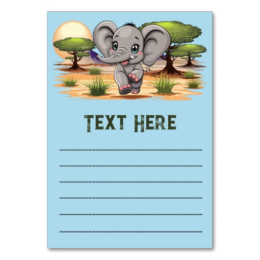 Elephant Baby Jumping Happy in African Savannah Tischnummer (Vorderseite)