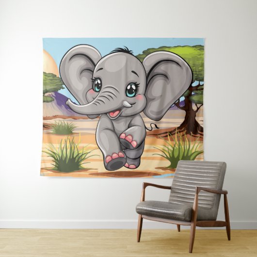 Elephant Baby Jumping Happy in African Savannah Wandteppich (Beispiel (Horizontal))