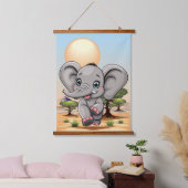 Elephant Baby Jumping Happy in African Savannah Wandteppich Mit Holzrahmen (Schlafzimmer)