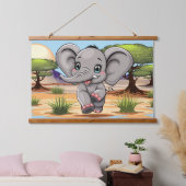 Elephant Baby Jumping Happy in African Savannah Wandteppich Mit Holzrahmen (Schlafzimmer)