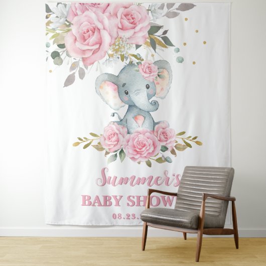 Elephant Baby Pink Floral Baby Dusche Hintergrund Wandteppich (Beispiel)