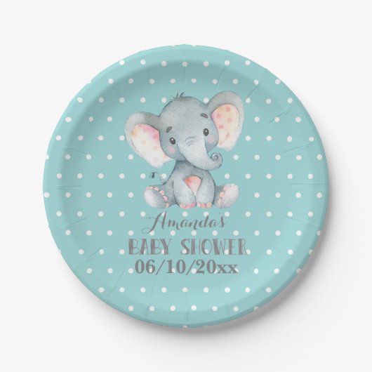 Elephant Baby Shower Aqua Papierplatte Pappteller (Vorderseite)