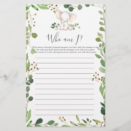 Elephant Baby Shower bin ich Game (Vorderseite)