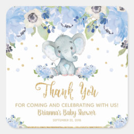 Elephant Baby Shower Blue Floral Vielen Dank Quadratischer Aufkleber