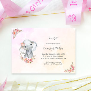Elephant Baby Shower Boho Chic Coral Watercolor Einladung