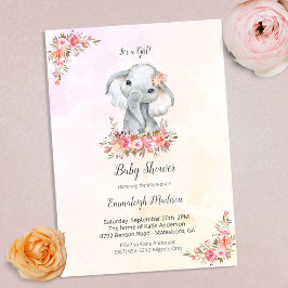 Elephant Baby Shower Boho Chic Coral Watercolor Einladung