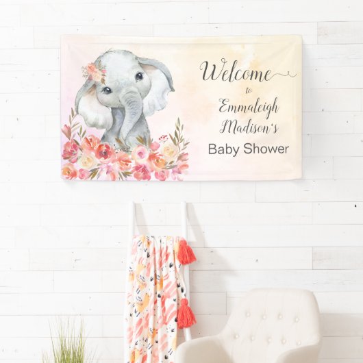 Elephant Baby Shower Boho Chic Willkommen Banner (Insitu)