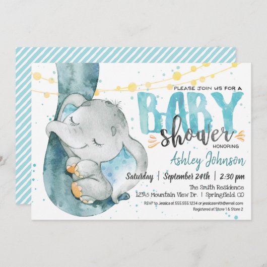 Elephant Baby Shower Boy, blaue Einladung (Vorne/Hinten)
