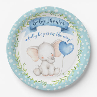 Elephant Baby Shower Boy in Watercolor Blue PLATE Pappteller