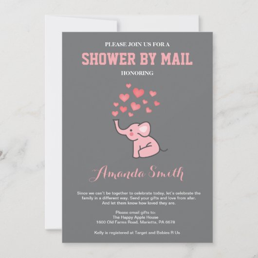 Elephant Baby Shower by Mail Pink und Grau Einladung (Vorderseite)