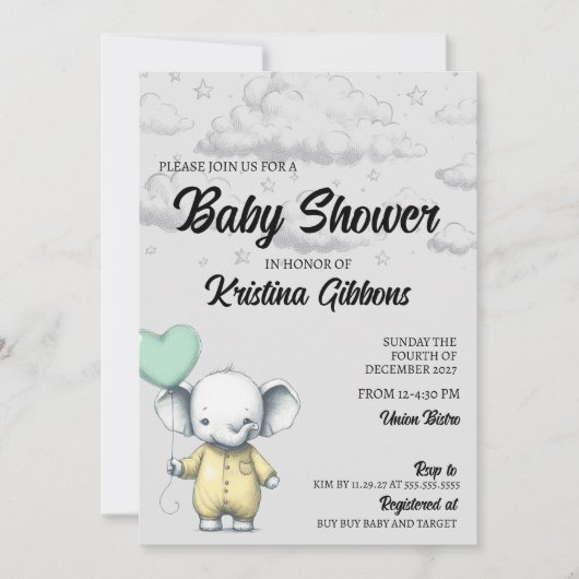 Elephant Baby Shower Einladung (Vorderseite)