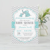 Elephant Baby Shower Einladung Aqua und Grau (Stehend Vorderseite)