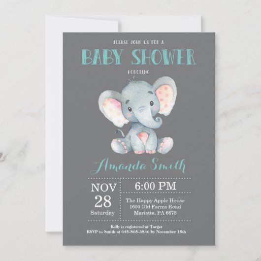 Elephant Baby Shower Einladung Aqua und Grau (Vorderseite)