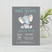 Elephant Baby Shower Einladung Aqua und Grau (Stehend Vorderseite)