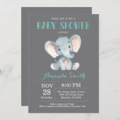 Elephant Baby Shower Einladung Aqua und Grau (Vorne/Hinten)