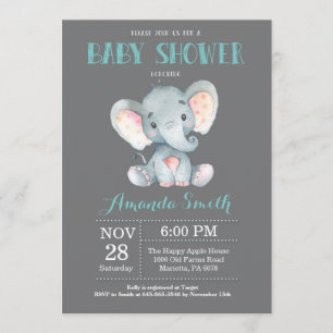 Elephant Baby Shower Einladung Aqua und Grau