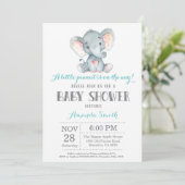 Elephant Baby Shower Einladung Aqua und Grau (Stehend Vorderseite)