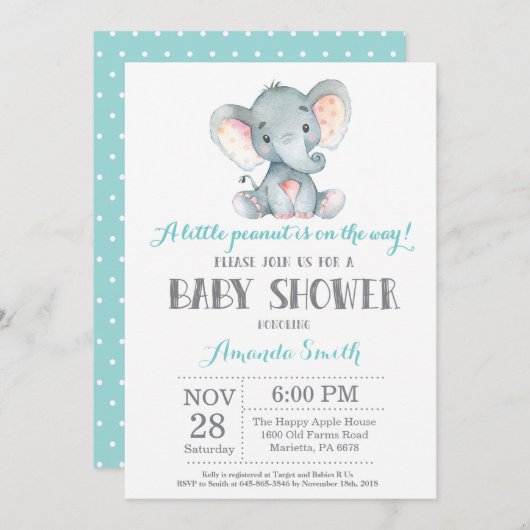 Elephant Baby Shower Einladung Aqua und Grau (Vorne/Hinten)