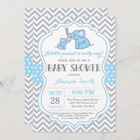 Elephant Baby Shower Einladung Blau und Grau (Vorne/Hinten)