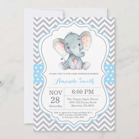 Elephant Baby Shower Einladung Blau und Grau (Vorderseite)