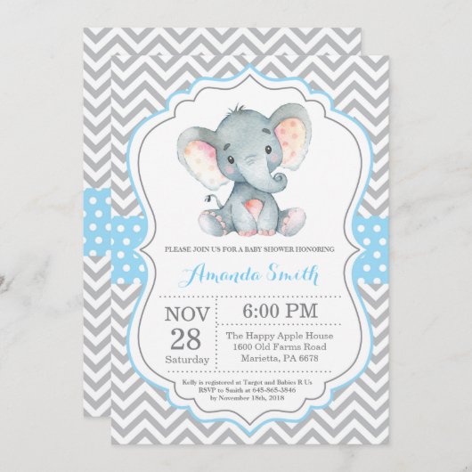 Elephant Baby Shower Einladung Blau und Grau (Vorne/Hinten)