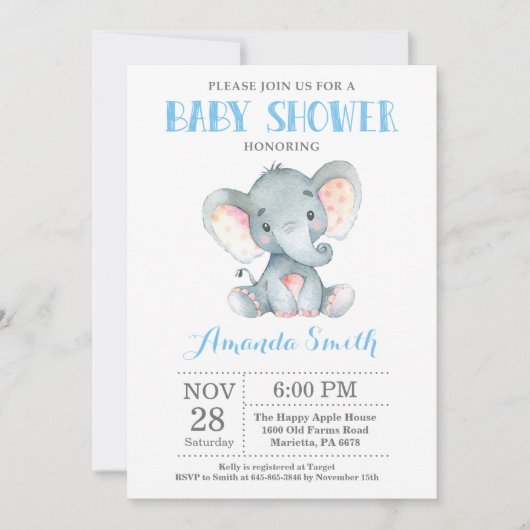 Elephant Baby Shower Einladung Blau und Grau (Vorderseite)