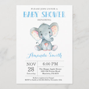 Elephant Baby Shower Einladung Blau und Grau