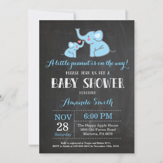 Elephant Baby Shower Einladung Blau und Grau (Vorderseite)