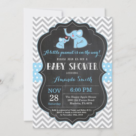 Elephant Baby Shower Einladung Blau und Grau (Vorderseite)