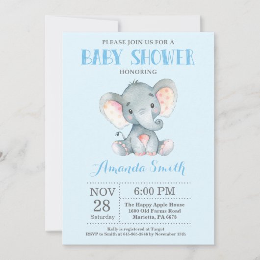 Elephant Baby Shower Einladung Blau und Grau (Vorderseite)