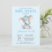 Elephant Baby Shower Einladung Blau und Grau (Stehend Vorderseite)