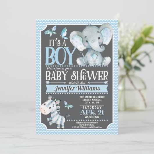 Elephant Baby Shower Einladung, blau und grau Einladung (Stehend Vorderseite)